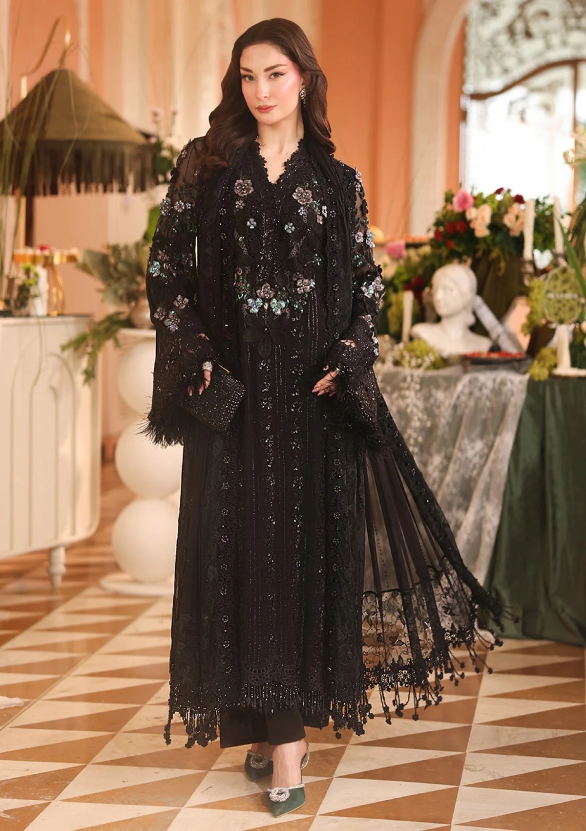 Maria B BLACK pakistani fashion outfit in black tones.